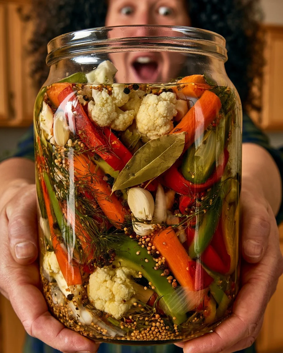 Jar of homemade Italian pickled vegetables (Giardiniera) with fresh ingredients