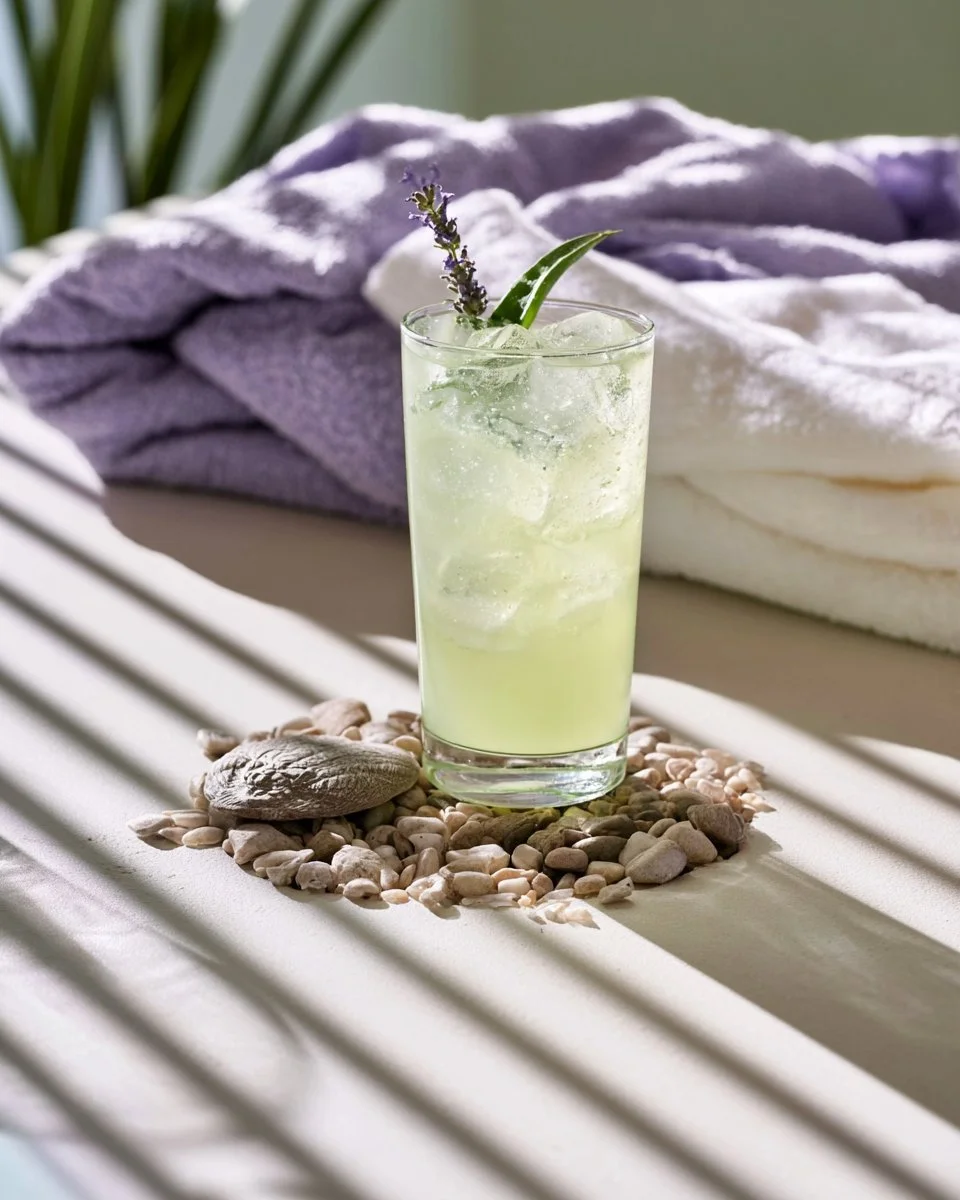 Refreshing Lavender Aloe Vera drink served in a glass with fresh lavender sprigs