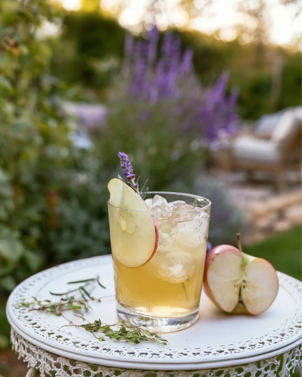 Glass of Lavender Apple Sage Iced Tea with fresh herbs and fruit slices