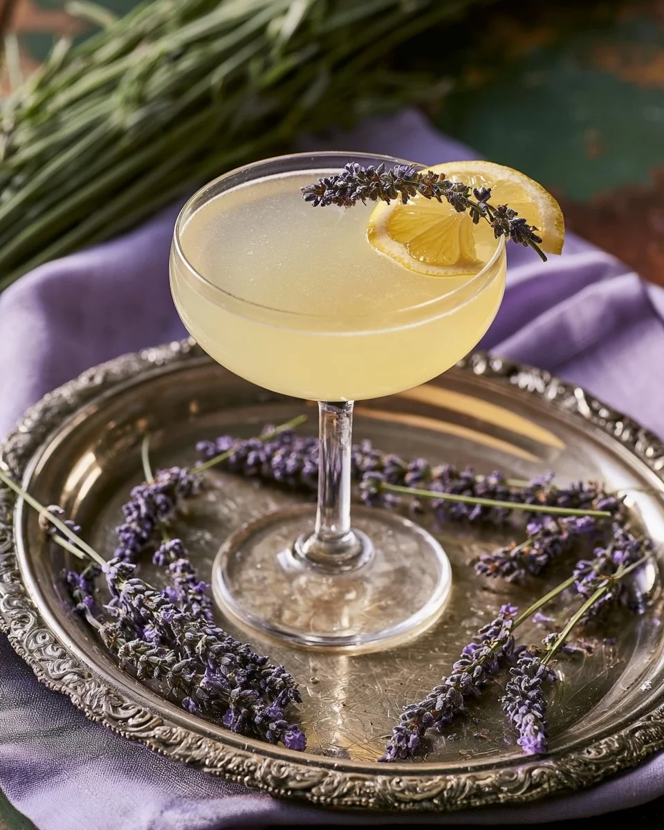Lavender Bee's Knees mocktail in a glass with lemon and lavender garnish