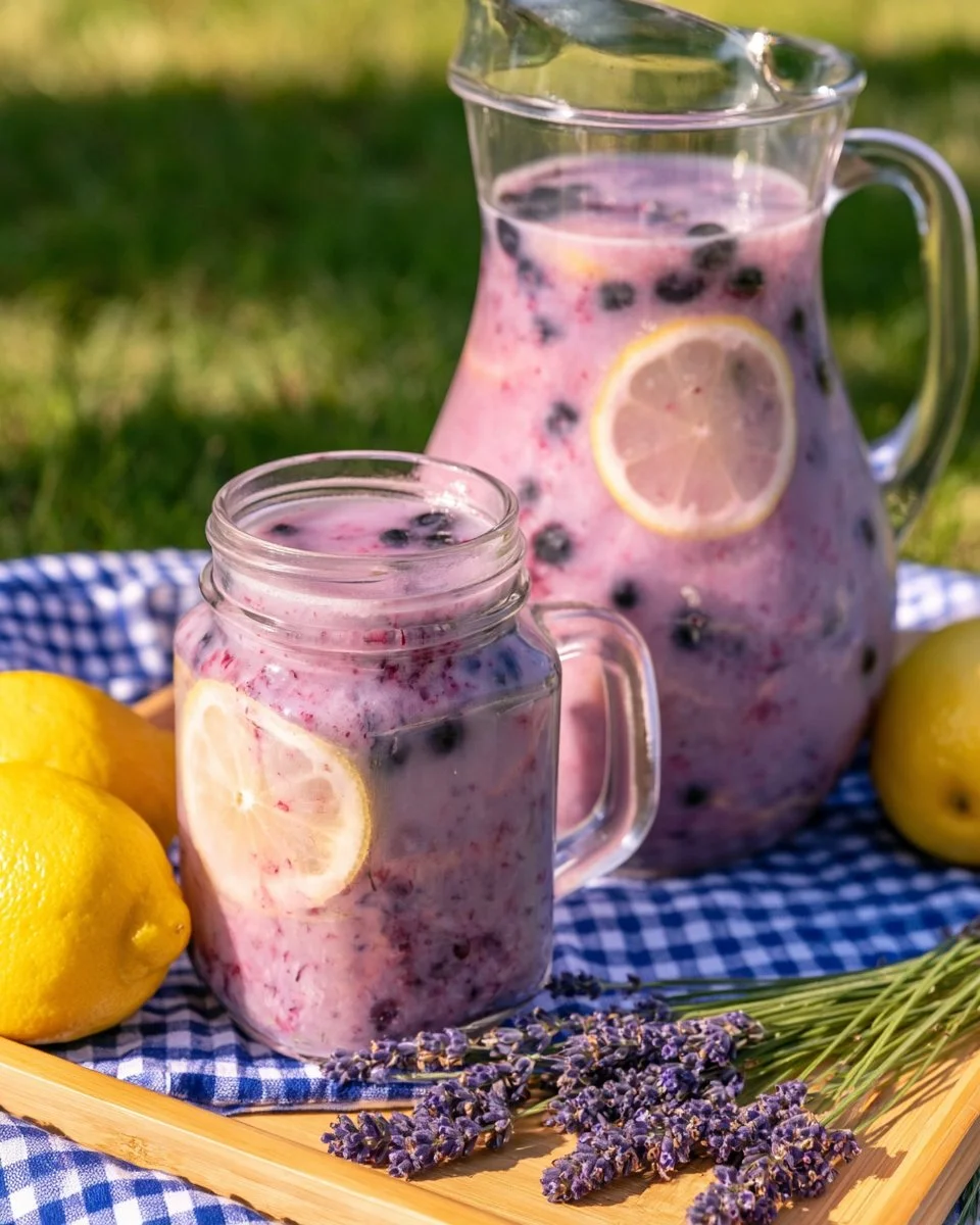 A refreshing glass of Lavender Blueberry Lemonade with garnished lemon slices.