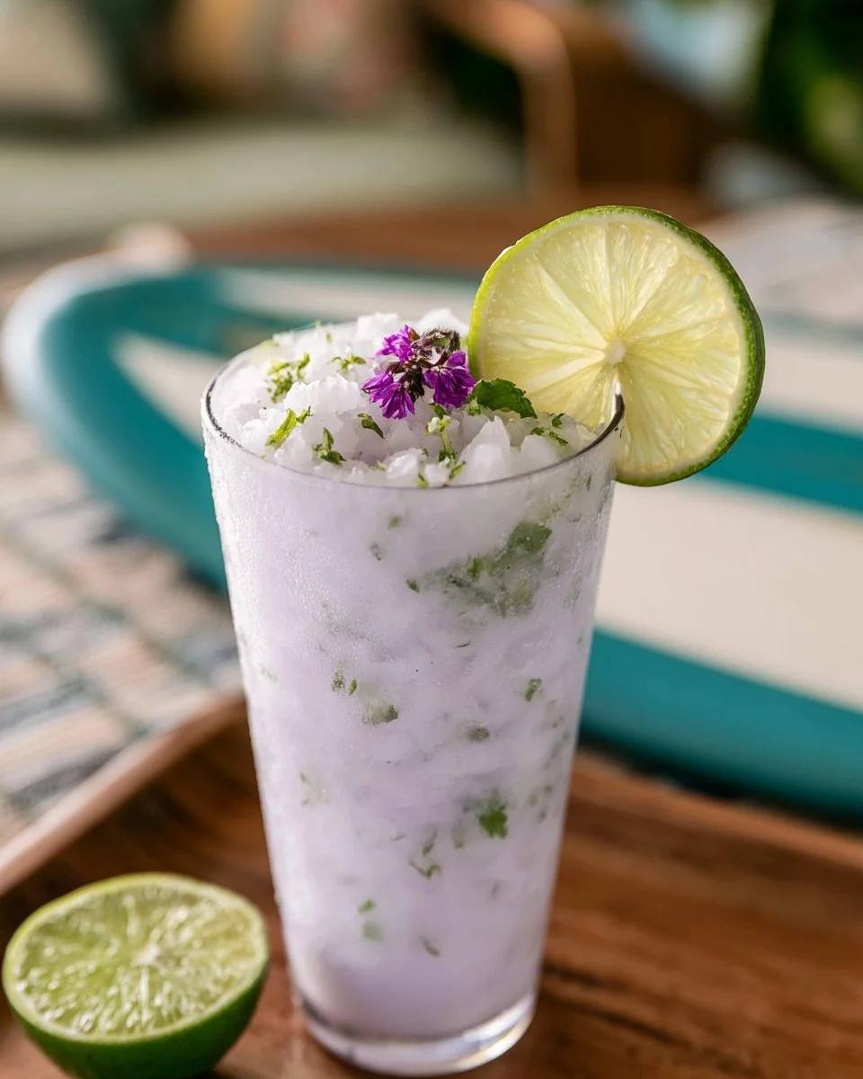 Refreshing Lavender Coconut Limeade Freeze in a glass with ice and fresh limes.