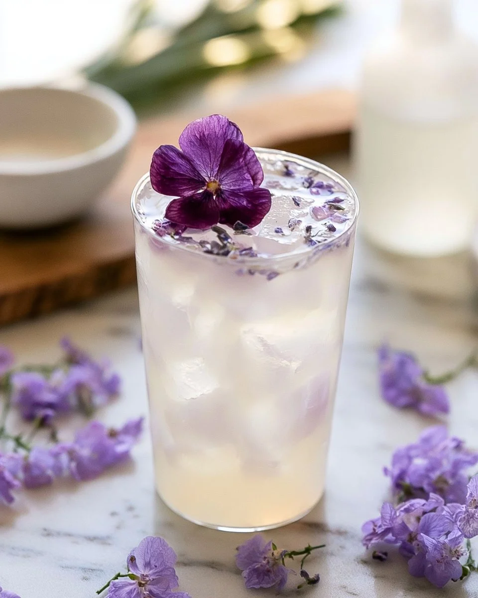 A refreshing glass of Lavender Coconut Water served with lavender sprigs.