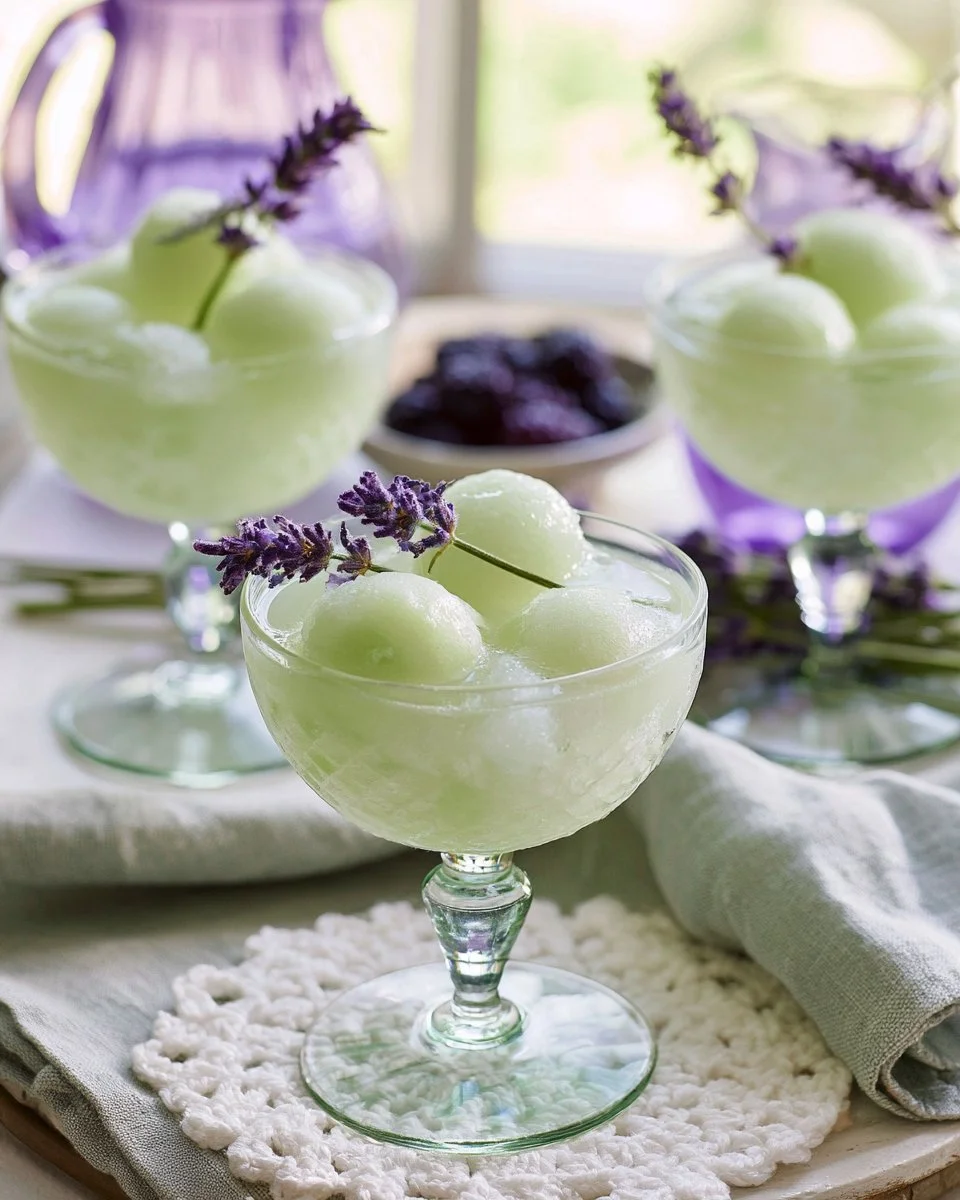 Glass of Lavender Honeydew Lemonade garnished with lavender and melon slices