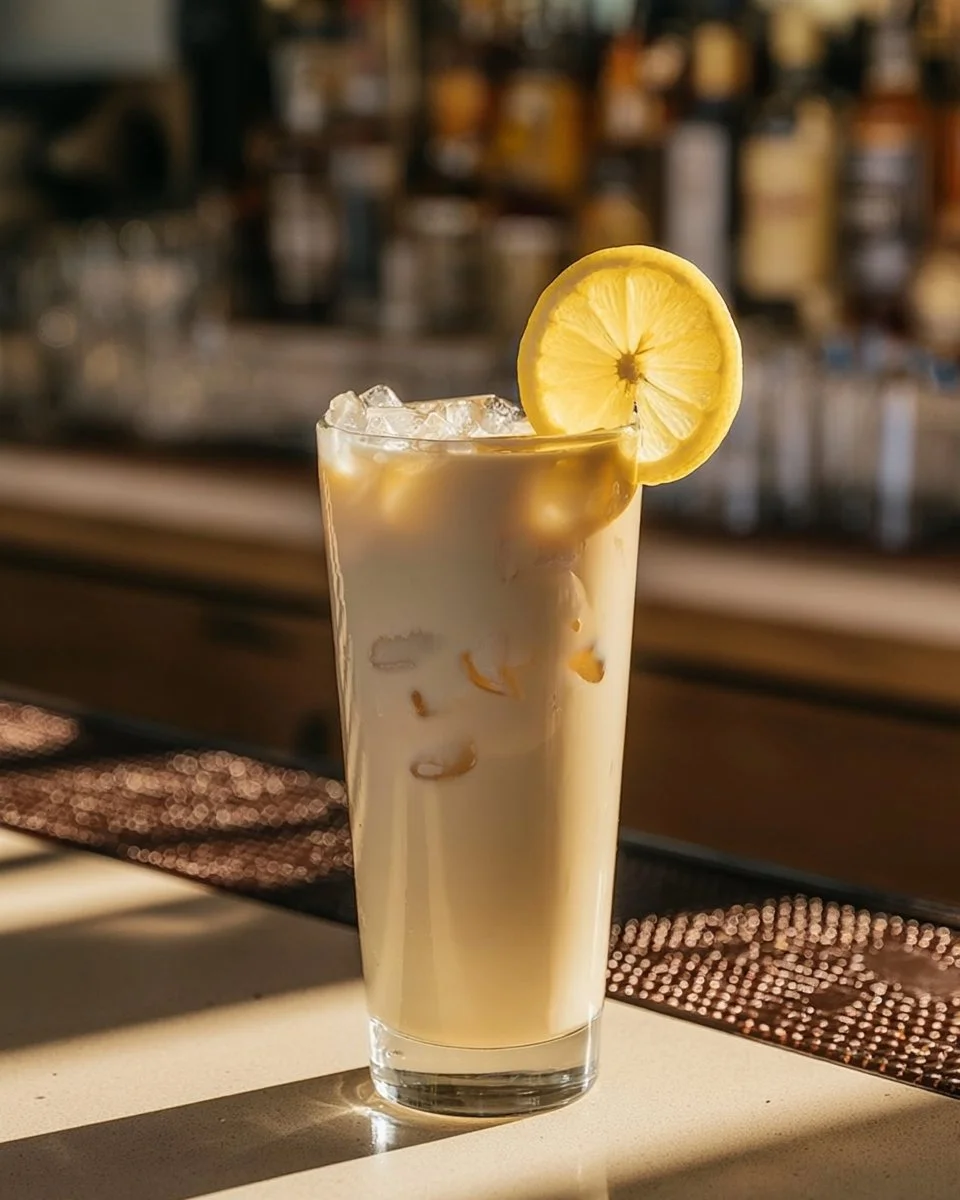Lavender Lemon Cream Iced Latte served in a glass with lavender sprigs