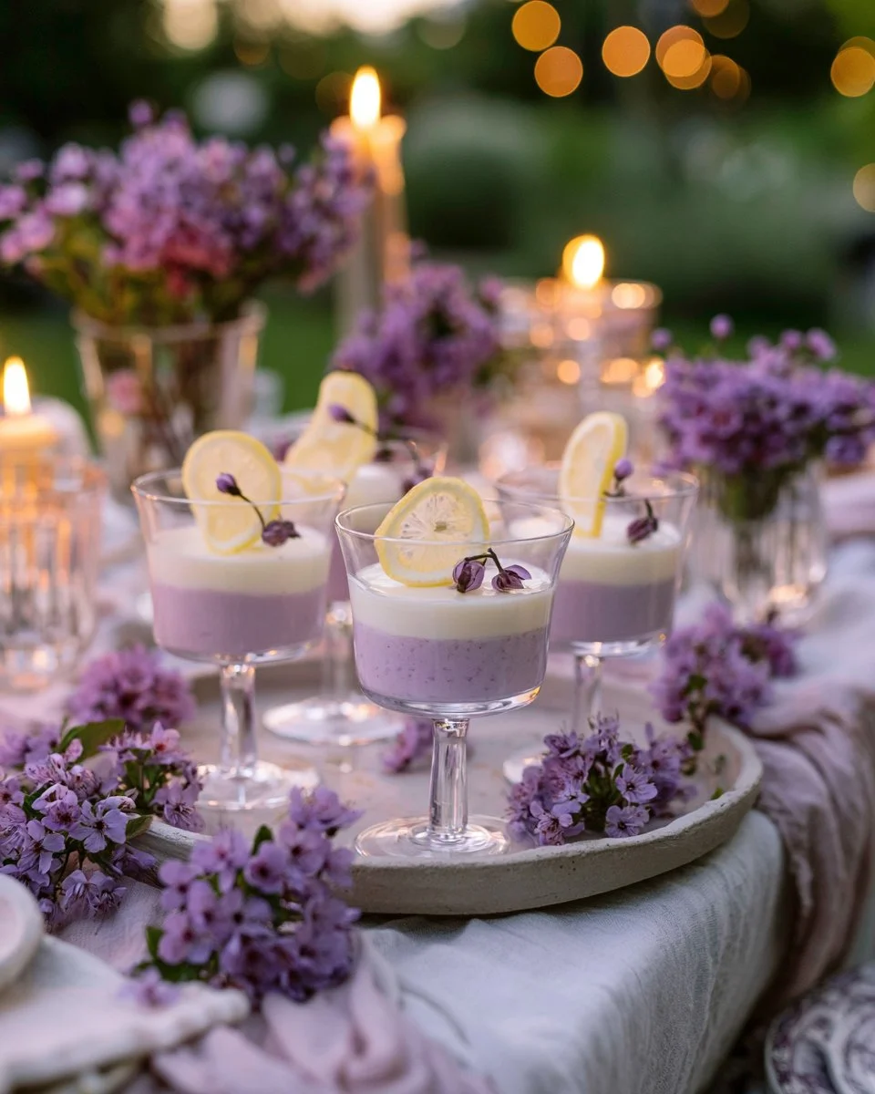 Lavender Lemonade Jelly Cups served in elegant glasses with fresh lavender garnish
