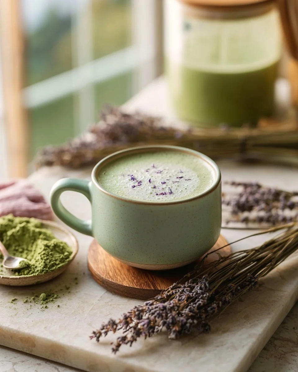 Creamy lavender matcha oat latte topped with a sprinkle of lavender flowers