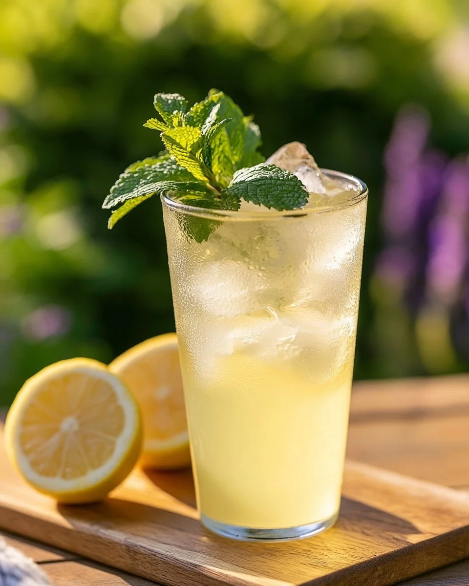 Refreshing Lavender Mint Meyer Lemonade served in a glass with lemon slices.