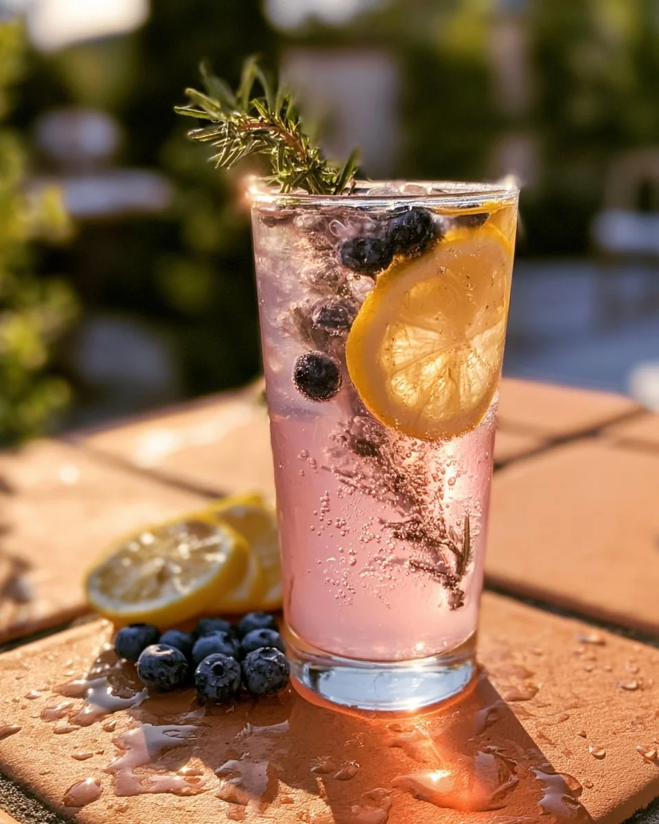 Refreshing Lavender Mocktail with Lemon and Blueberry served in a glass