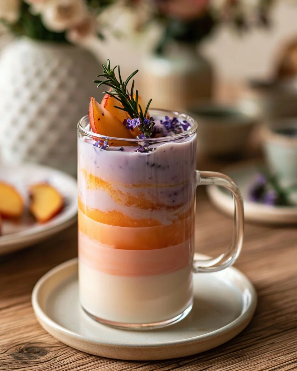 Lavender Peach Iced Latte with fresh lavender and peach slices on a wooden table