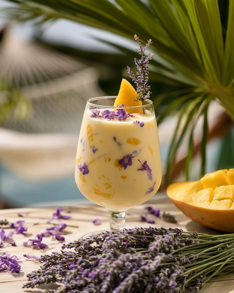 A Lavender Pina Colada served in a coconut with a lavender garnish.