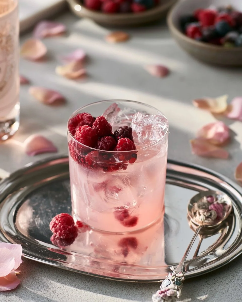 Lavender Rose Berry Cooler drink with fresh berries and floral garnish