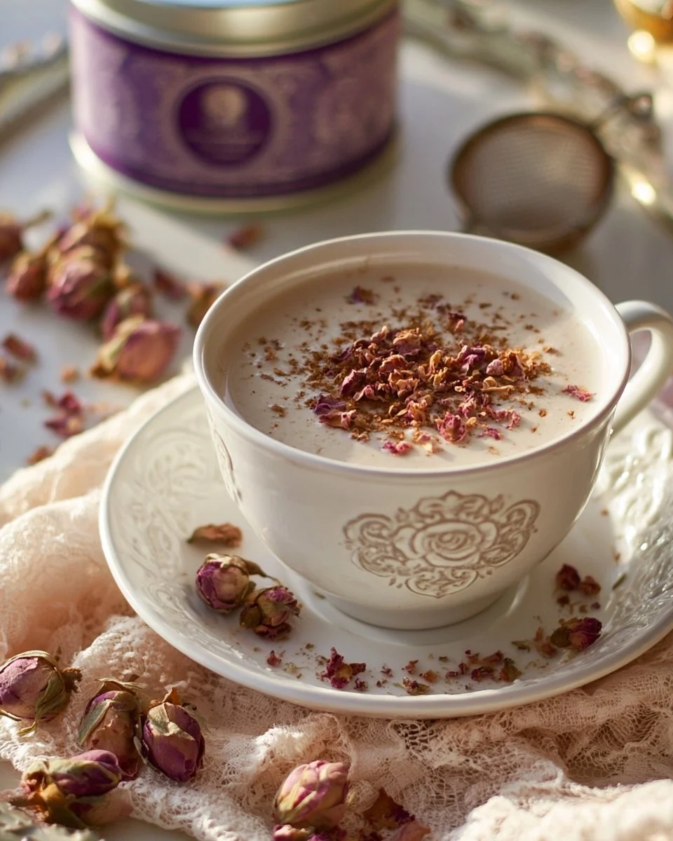 Delicious Lavender Rose London Fog tea with floral garnishes