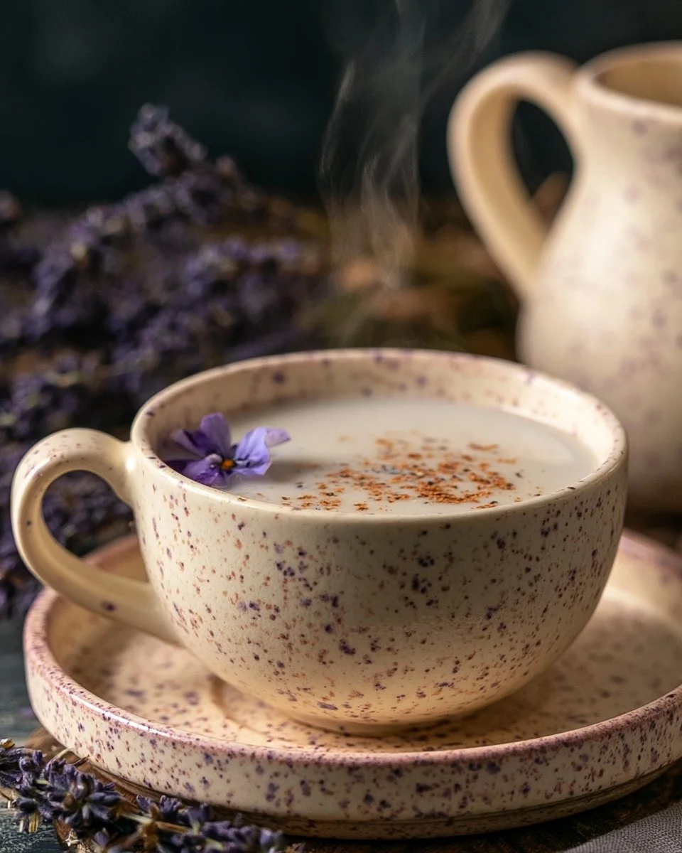 A cup of lavender tea with milk on a wooden table, surrounded by dried lavender flowers.