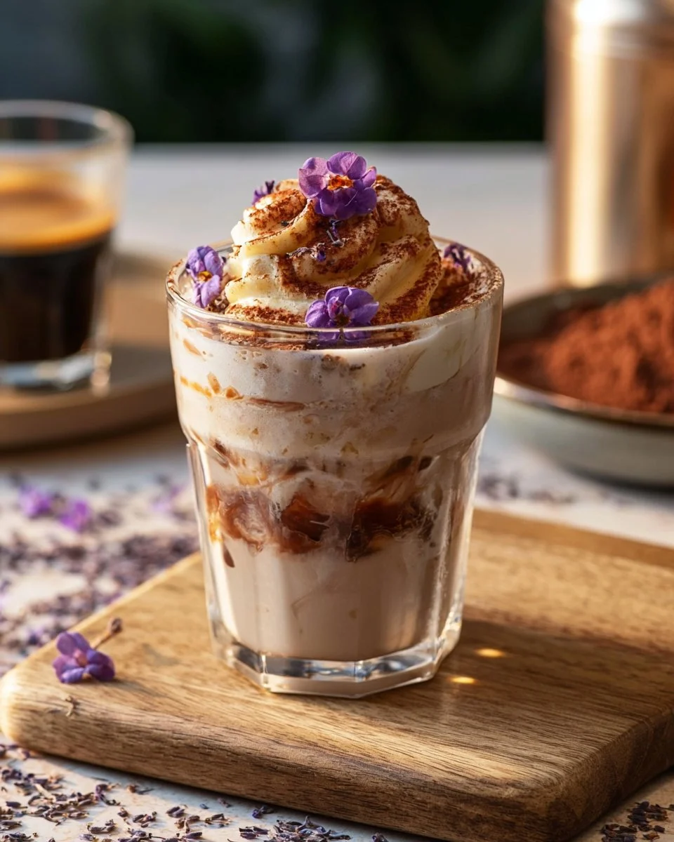 Lavender Tiramisu Affogato Latte served in a glass with lavender sprigs
