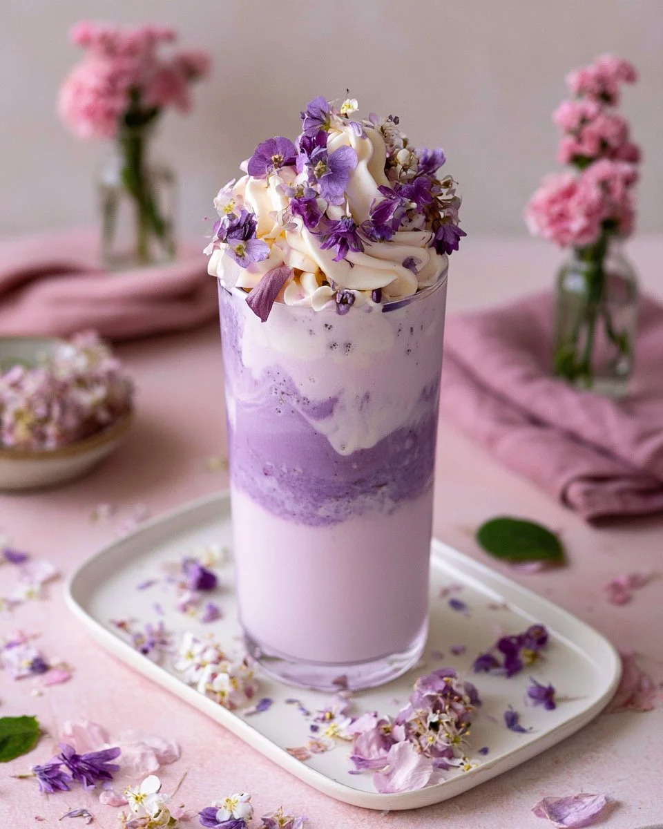 Glass of Lavender Vanilla Cream Soda with a floral garnish