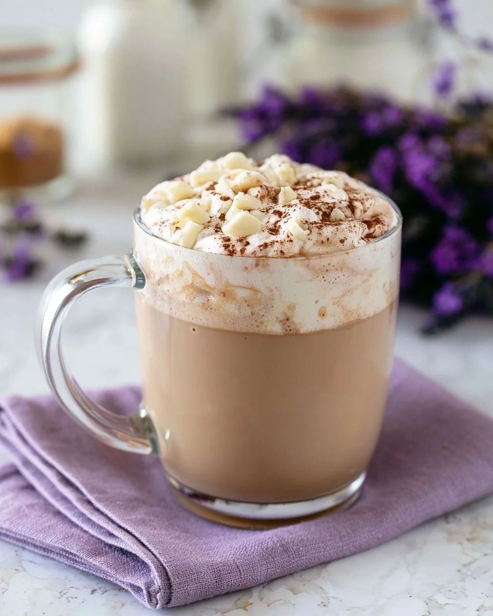 A delicious Lavender White Chocolate Mocha topped with whipped cream and lavender petals.