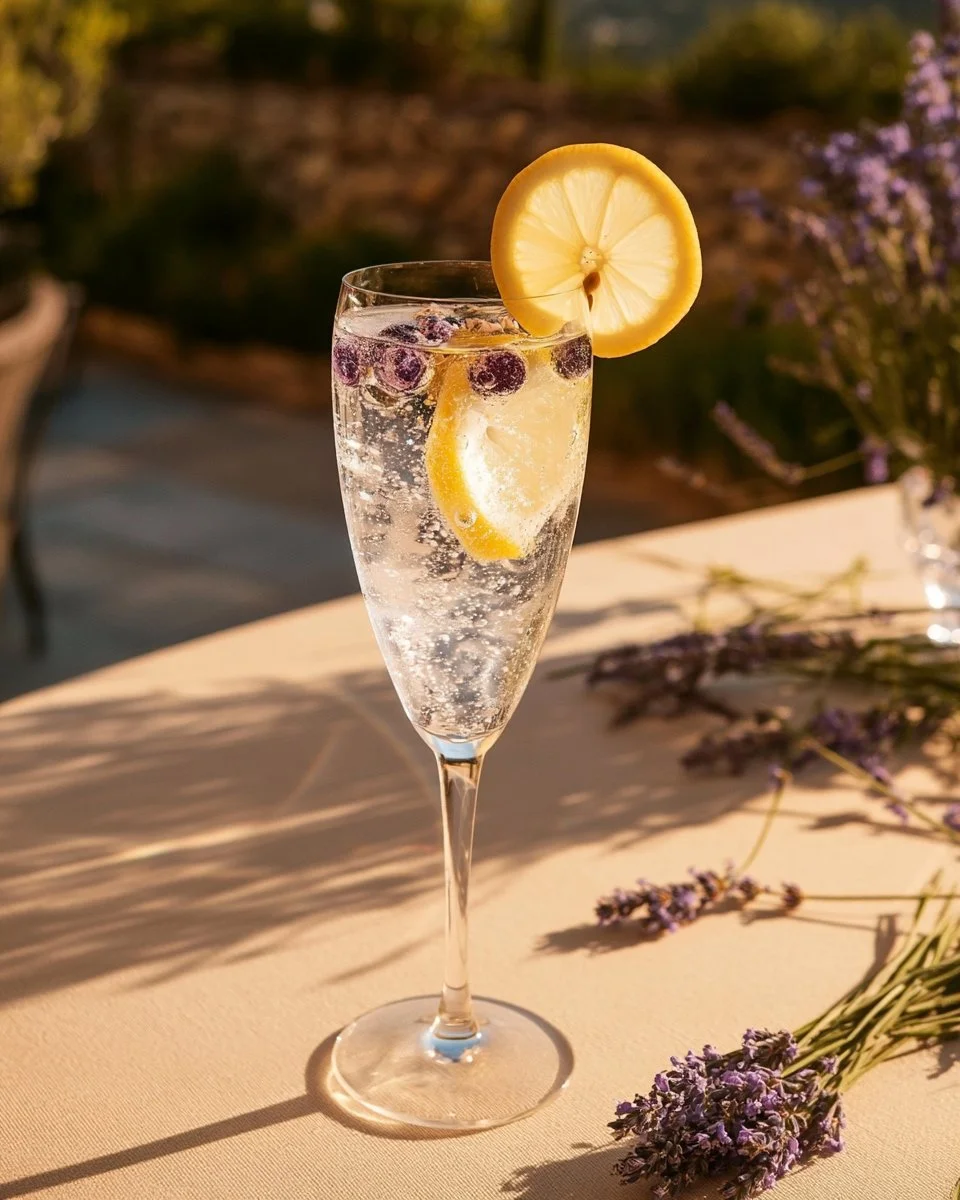 Refreshing Lemon Lavender Spritz served in a glass with lemon slices and lavender