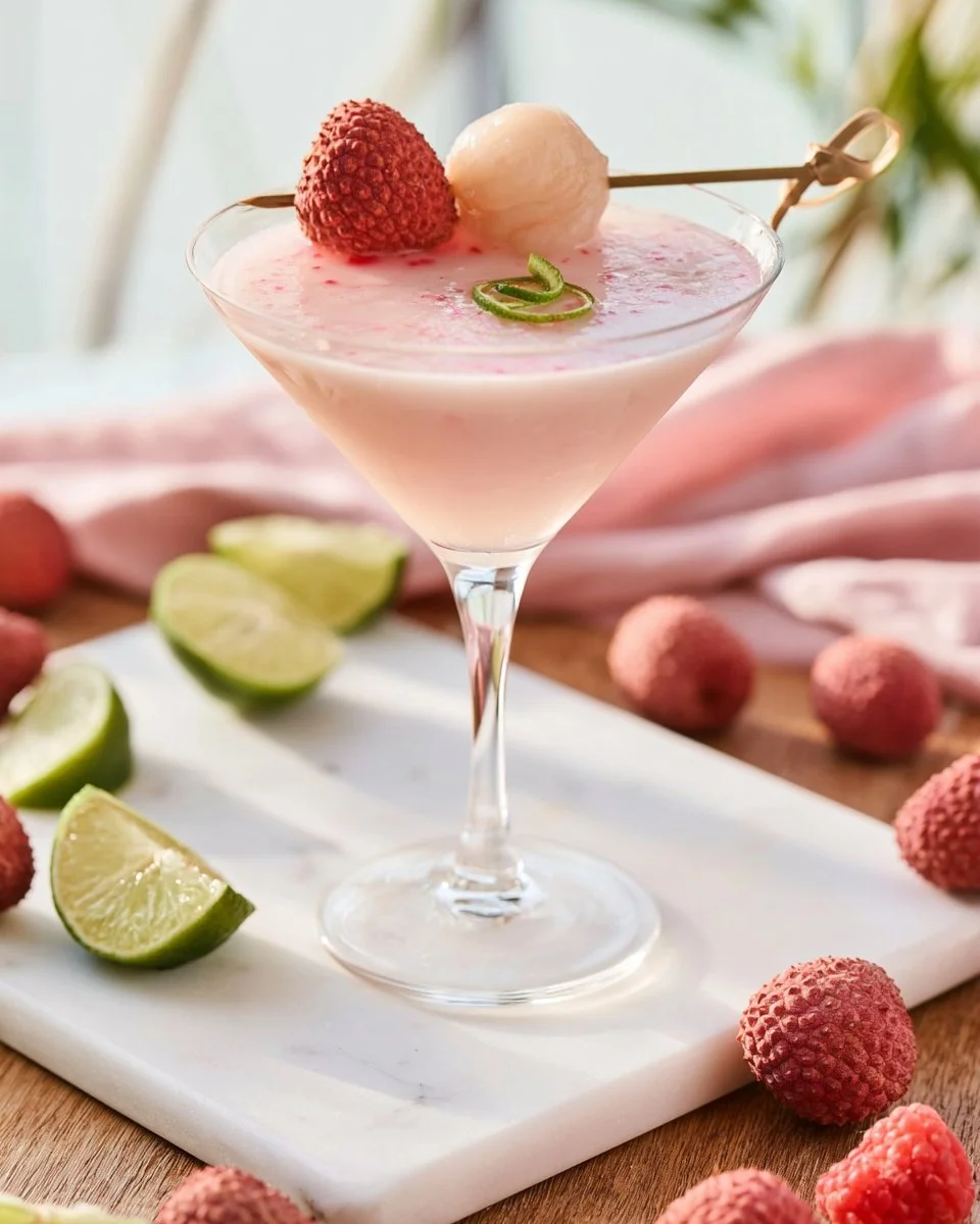 Delicious Lychee Martini Mocktail in a glass with garnish