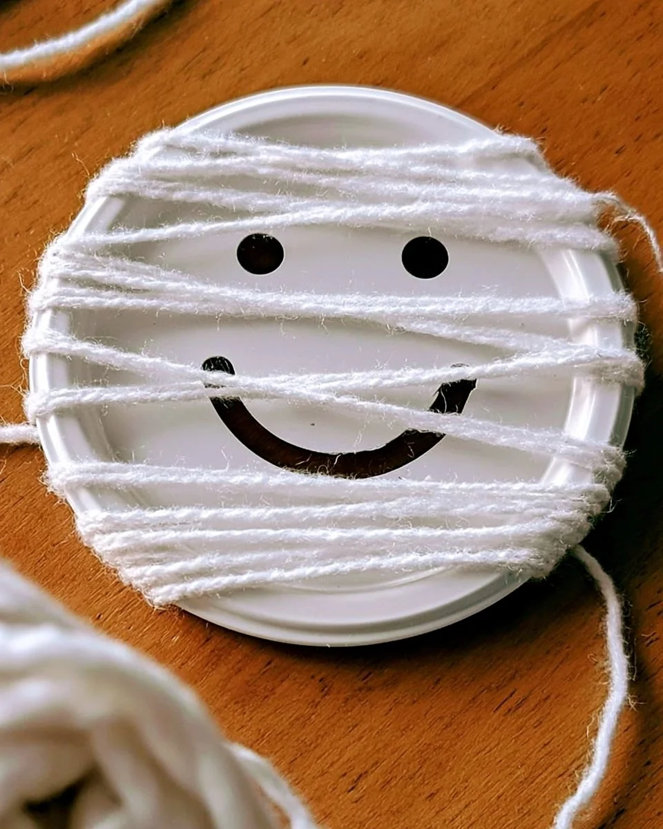 Kids craft project featuring Mummy Paper Plate lacing activity