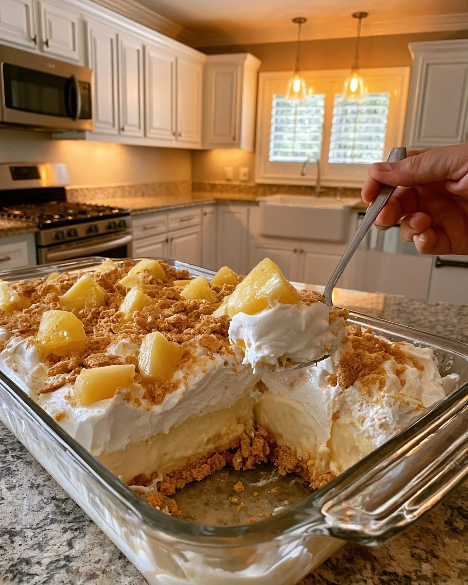 No-bake pineapple cream dessert in a glass with fresh pineapple slices