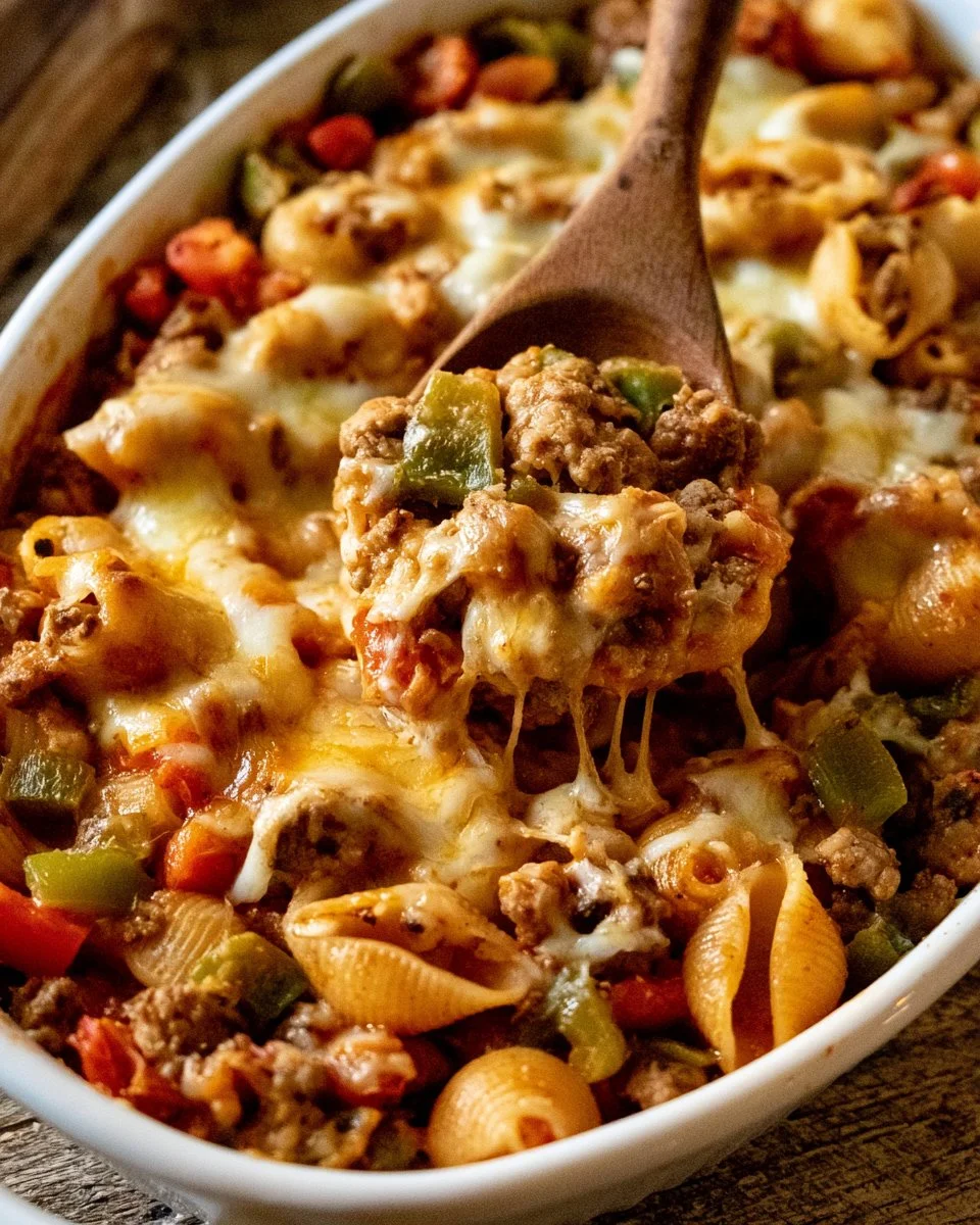 Delicious one pot beef pasta dish garnished with herbs and cheese