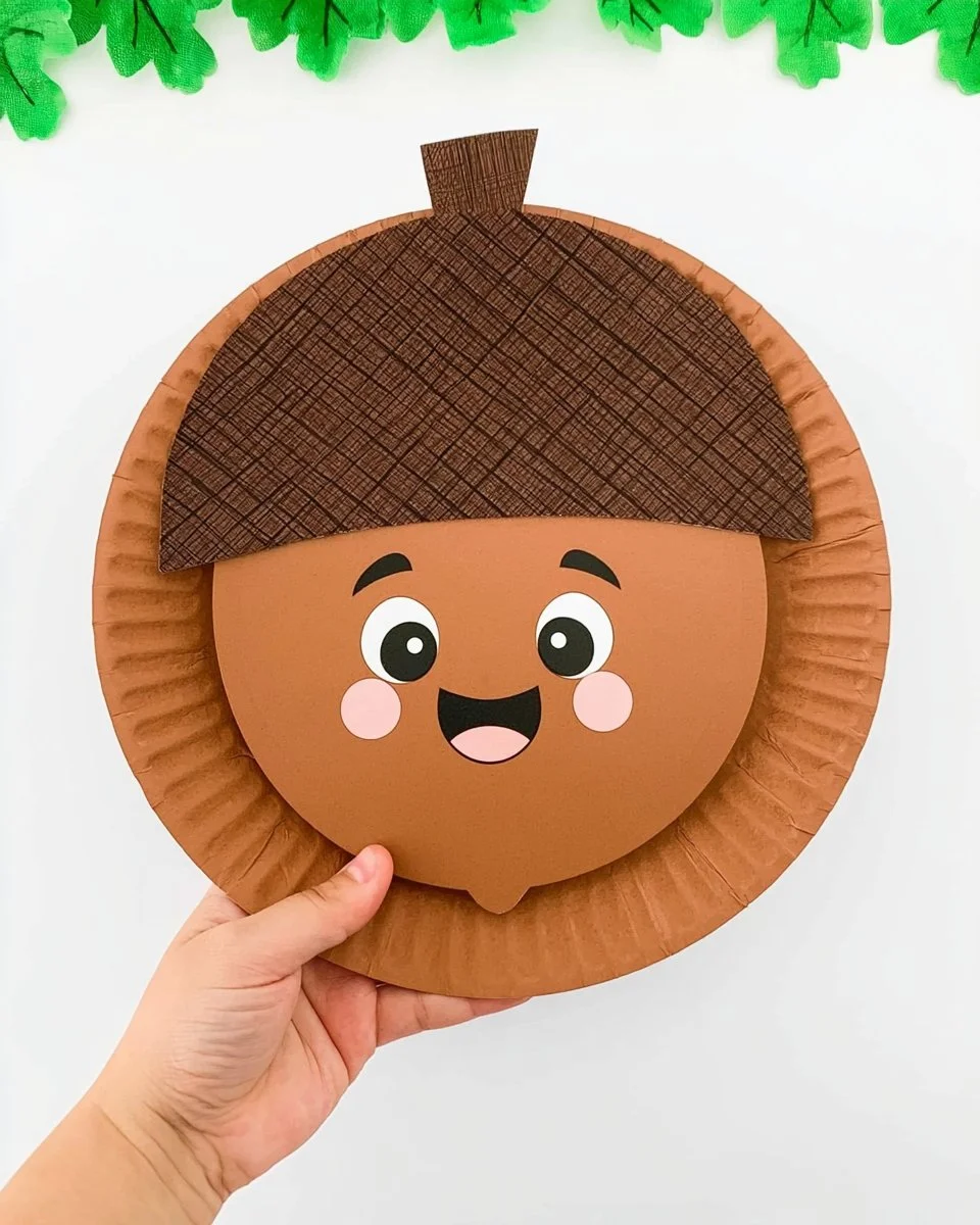 Paper plate acorn craft with free template for kids' activities