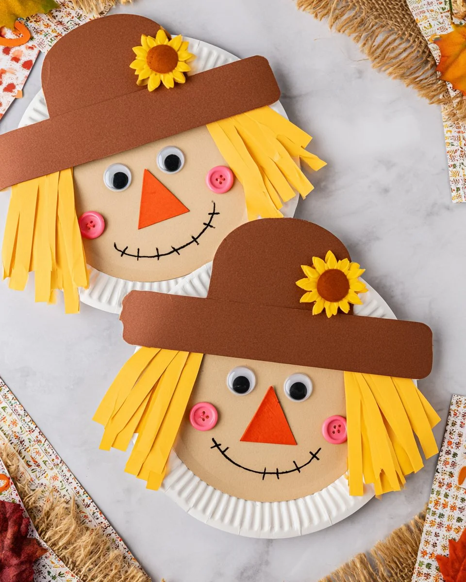 Colorful paper plate scarecrow craft for kids