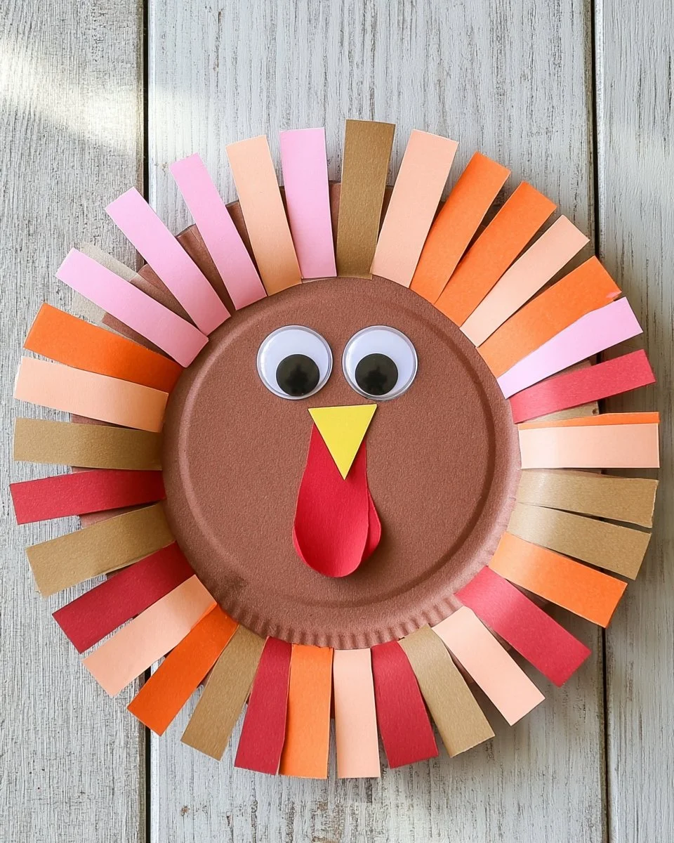 Colorful paper plate Thanksgiving turkey wreath craft idea for fall decor