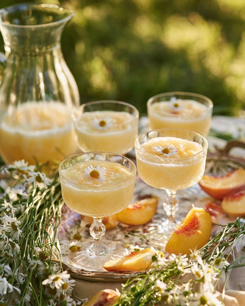 Refreshing glass of Peach Chamomile Lemonade with fresh peaches and chamomile flowers