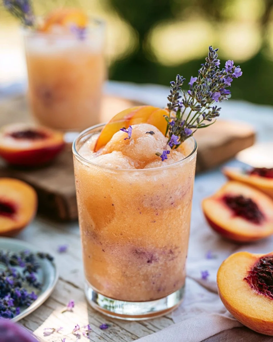 Refreshing Peach Lavender Slush drink with vibrant colors and floral garnish