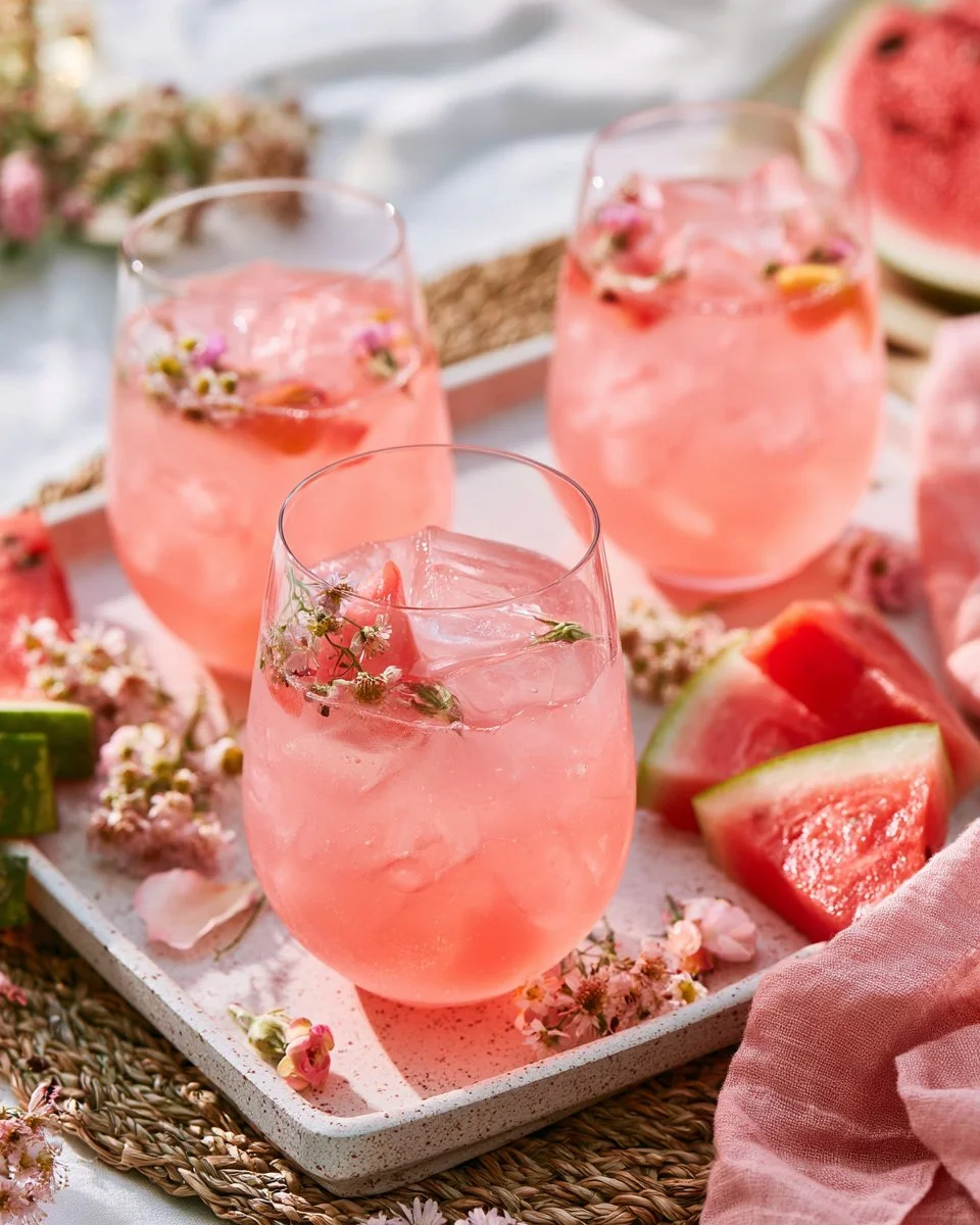 A glass of pink glow lemonade with ice and a slice of lemon.