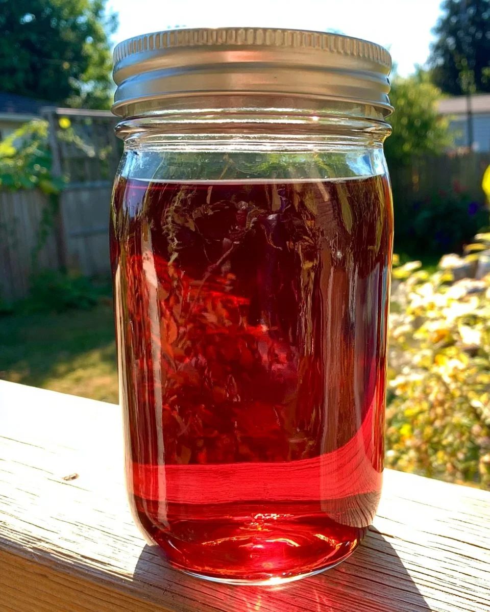 A jar of Rose and Berry Sun Tea Blend brewing in sunlight, showcasing vibrant colors.
