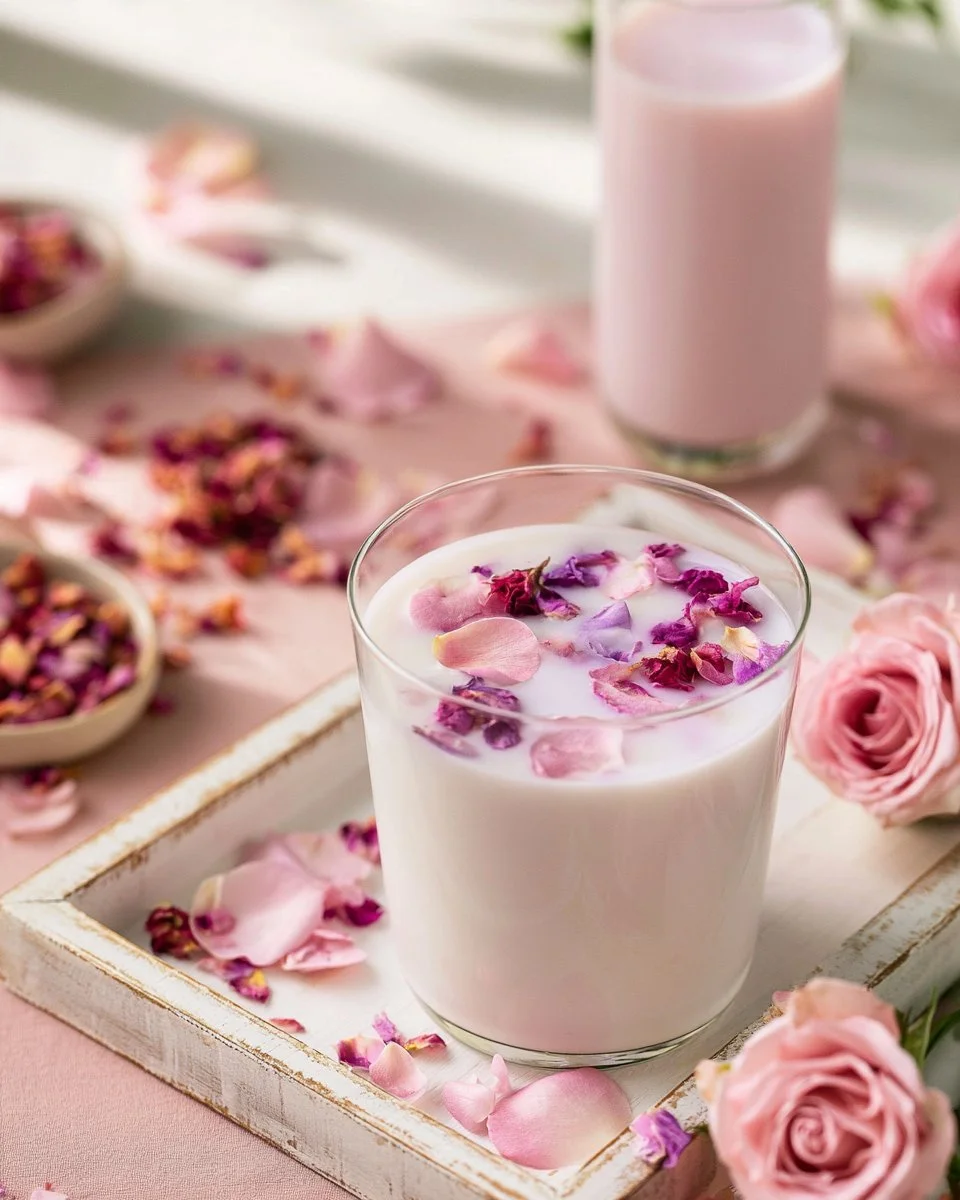 A refreshing glass of Rose Lavender Iced Milk garnished with edible flowers.