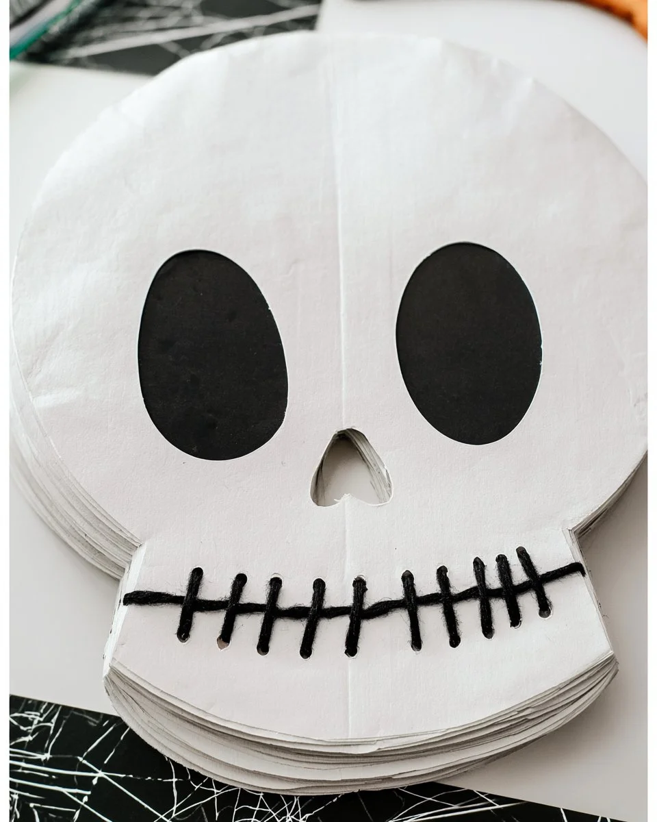 Paper plate skeleton craft with lacing for Halloween decoration