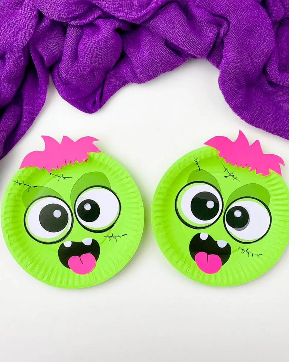 Zombie paper plate craft for kids with a free template.
