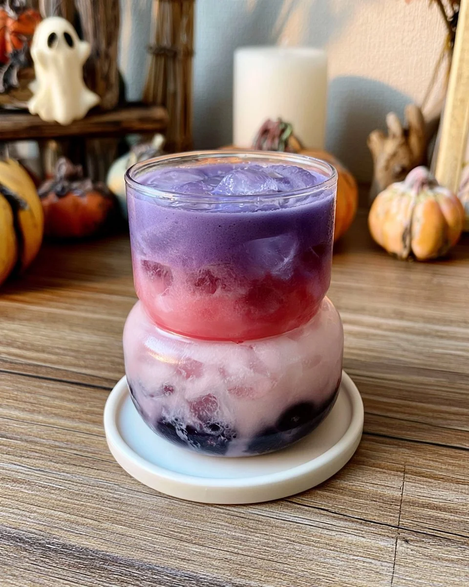 Blood Berry Gin Halloween cocktail garnished with spooky decorations.