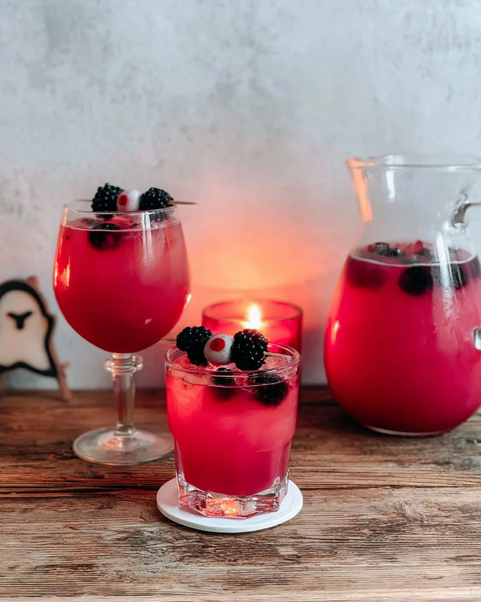 Refreshing Bloody Berry Punch cocktail with garnishes and a festive presentation