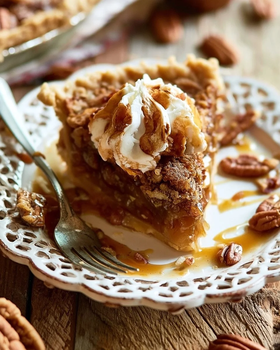 Delicious butterscotch pecan pie topped with pecans and caramel drizzle.