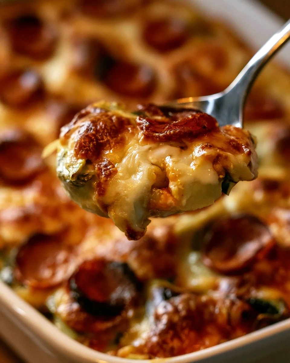 Cheesy zucchini casserole topped with melted cheese and herbs in a baking dish