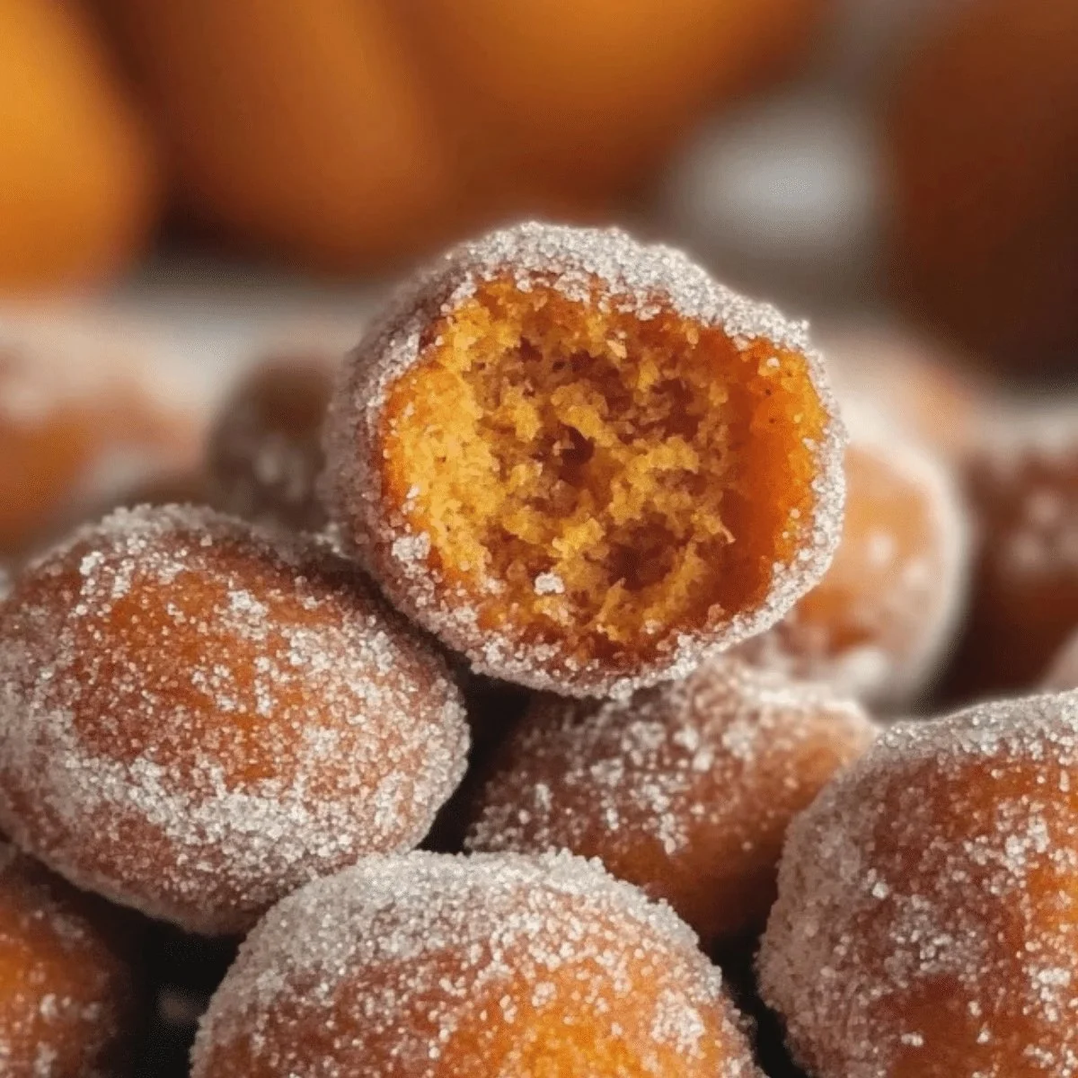 Cinnamon sugar pumpkin donut holes served on a plate with a festive fall background