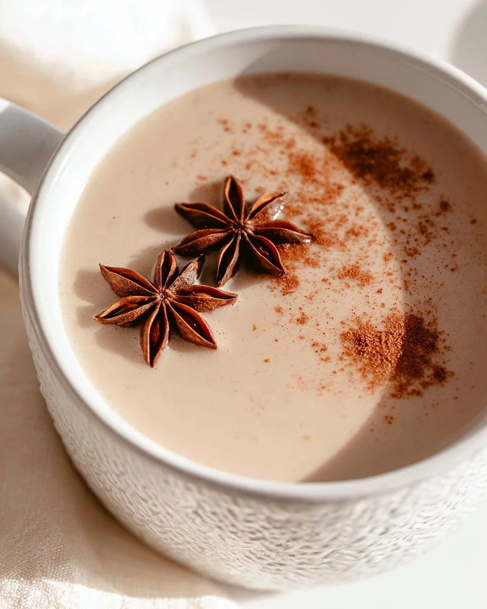 Delicious Coconut Chai Latte topped with spices and coconut flakes