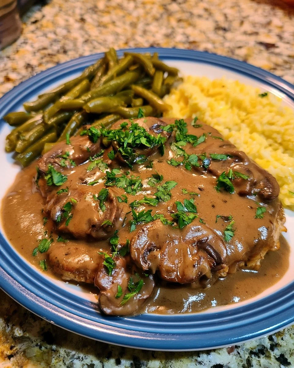 Slow cooker pork chops in garlic parmesan sauce garnished with parsley
