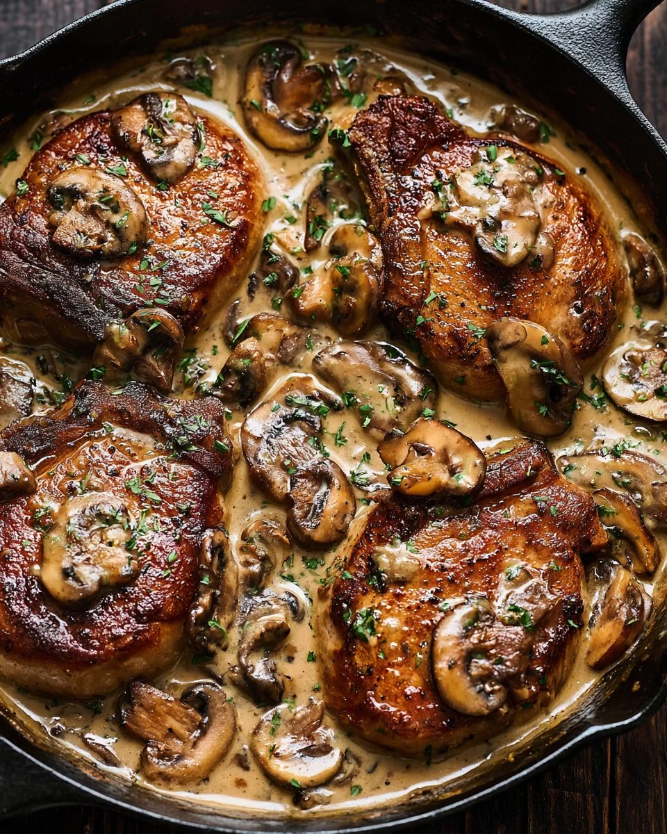 Creamy mushroom pork chops served with fresh herbs and a side of vegetables.