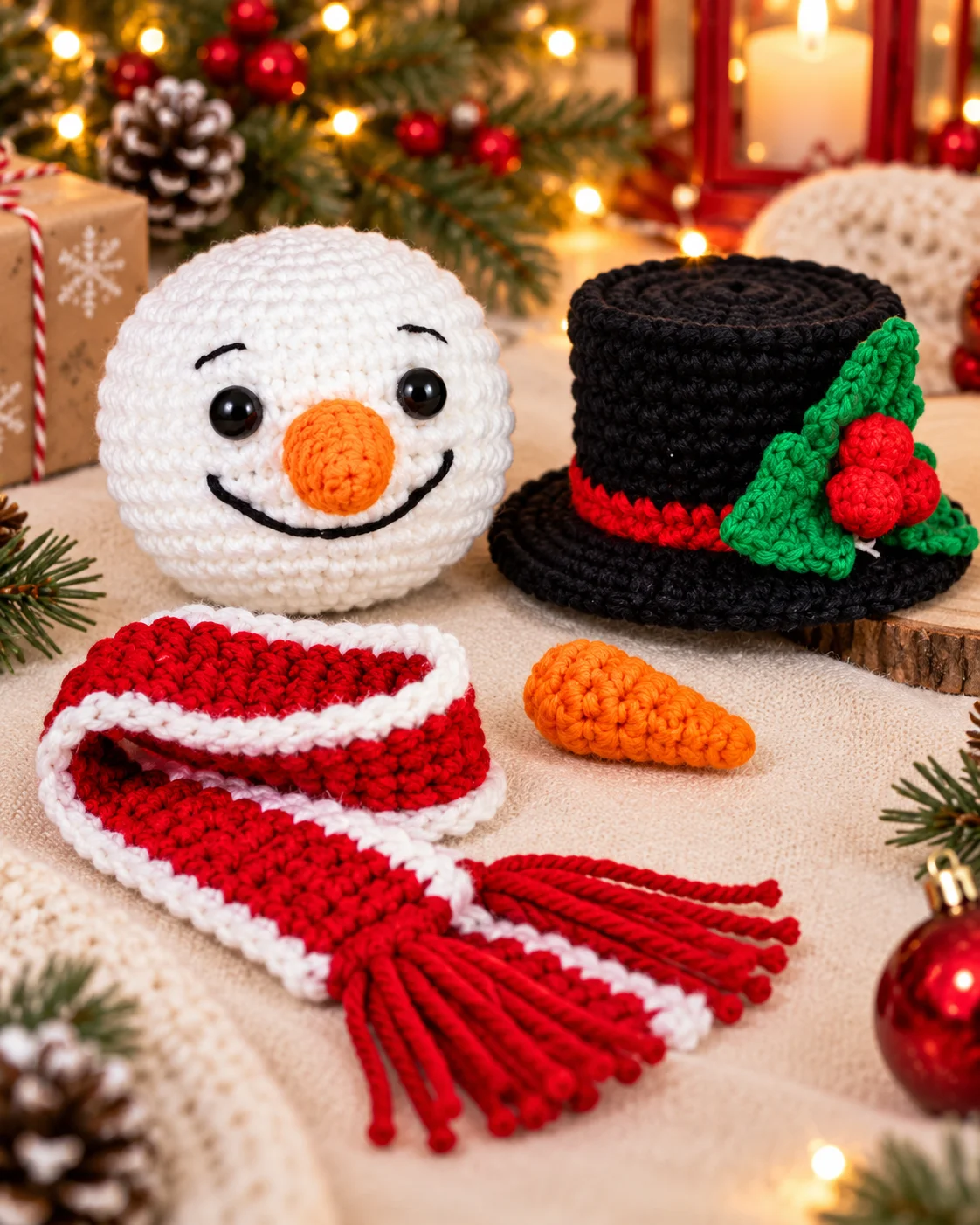Crochet snowman head, top hat, carrot nose and scarf pieces