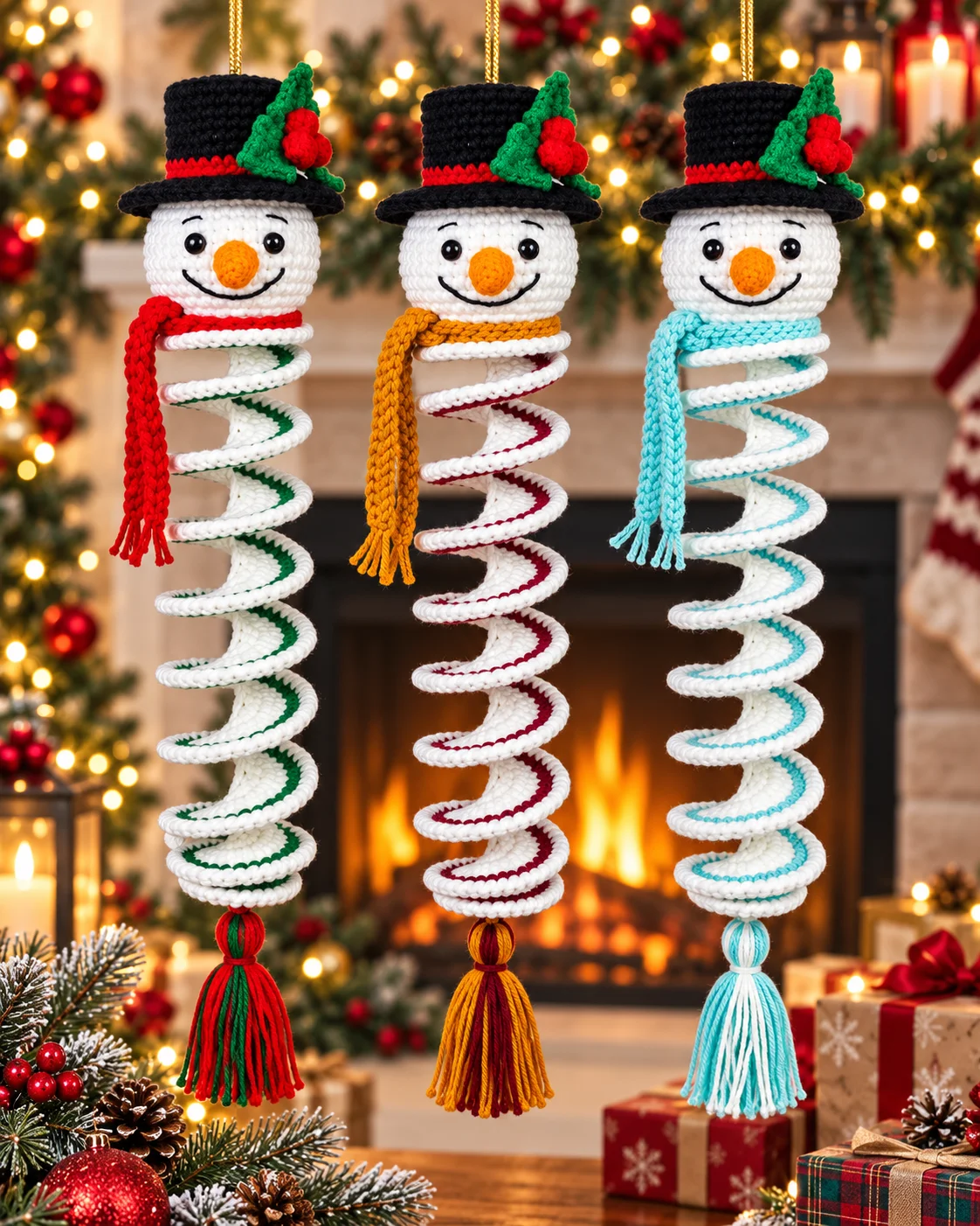 Crochet snowman wind spinner Christmas decoration in red, green, mustard and blue