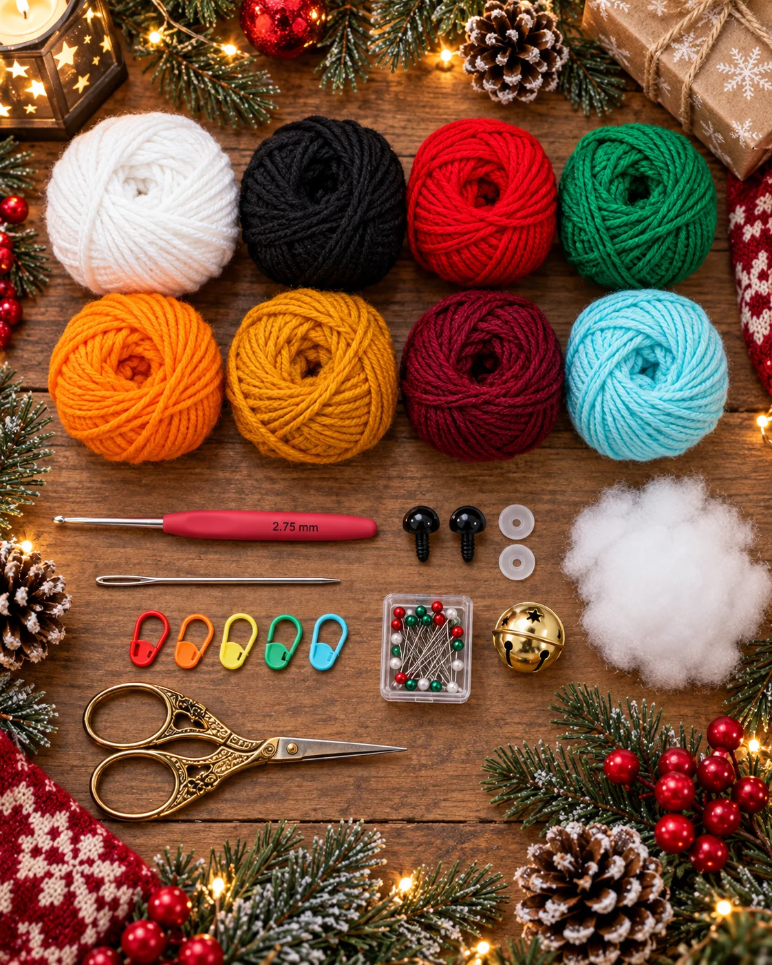 Yarn, crochet hook, safety eyes and supplies for crochet snowman wind spinner