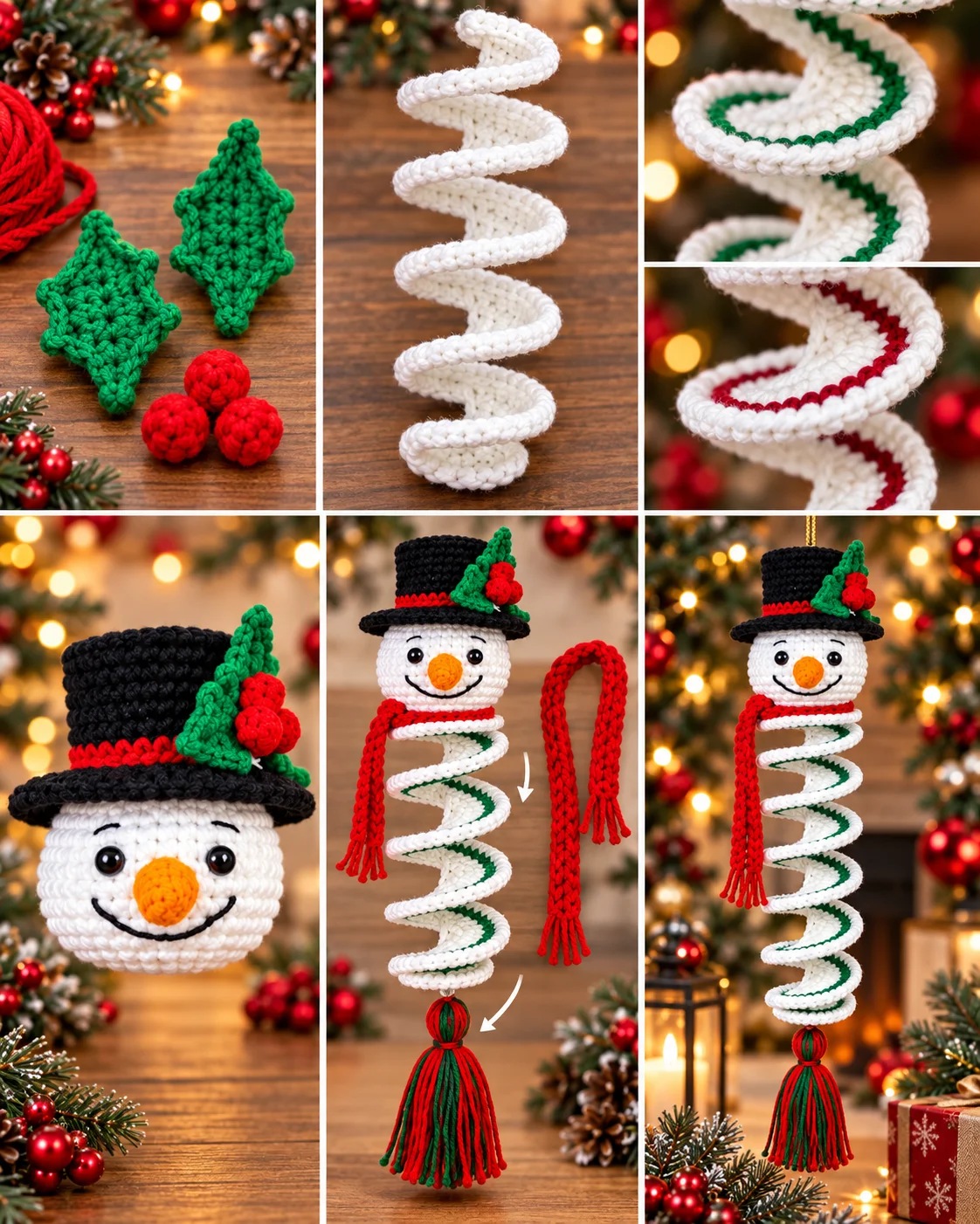 Crochet holly leaves, berries and spiral wind spinner construction