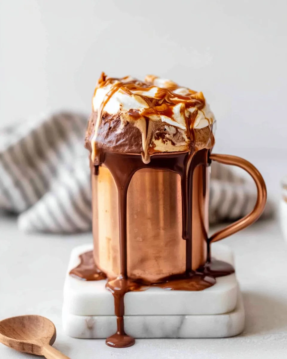 Delicious Fluffernutter Hot Cocoa topped with marshmallows and peanut butter drizzle