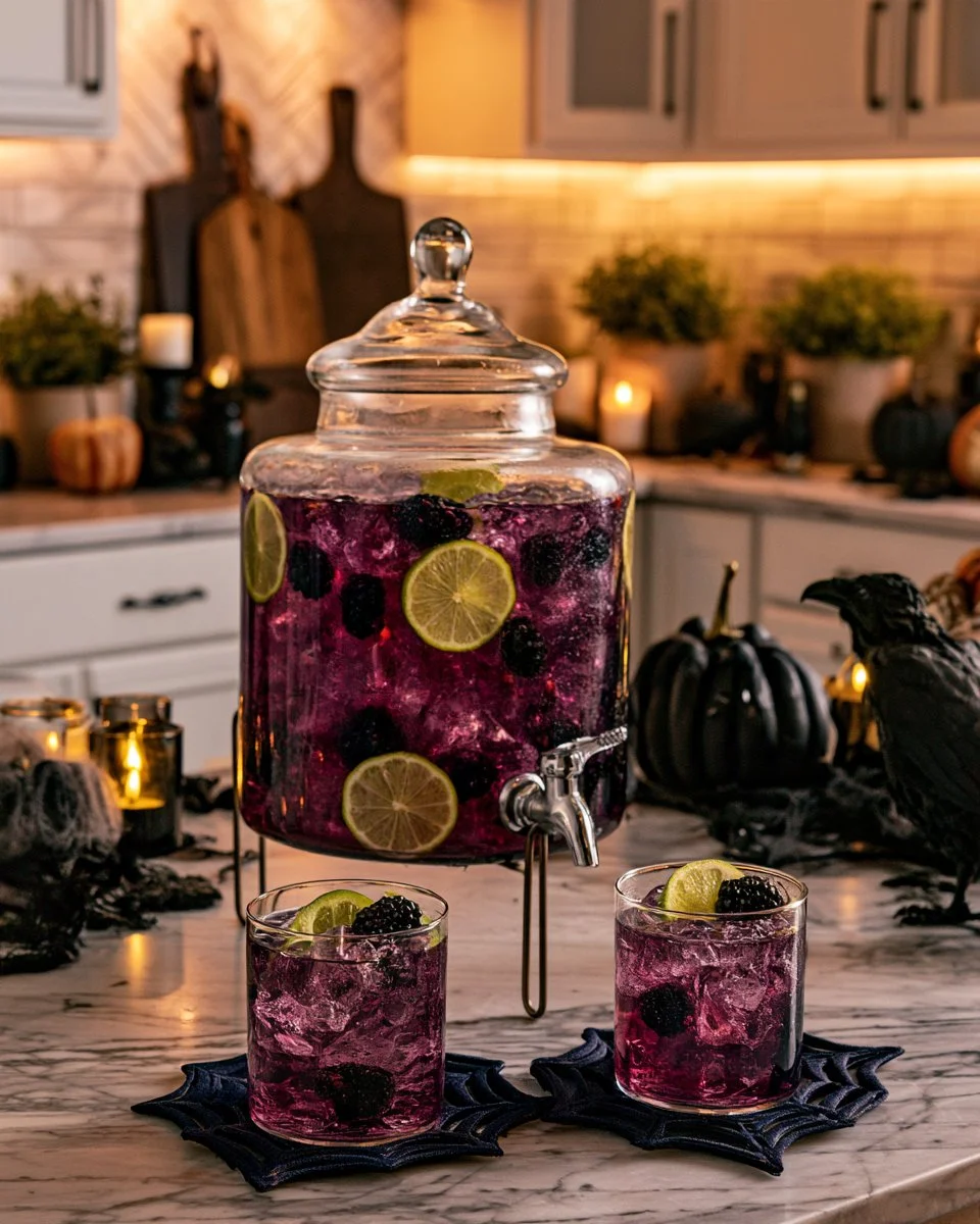 Hocus Pocus Purple Punch Halloween cocktail in a spooky glass